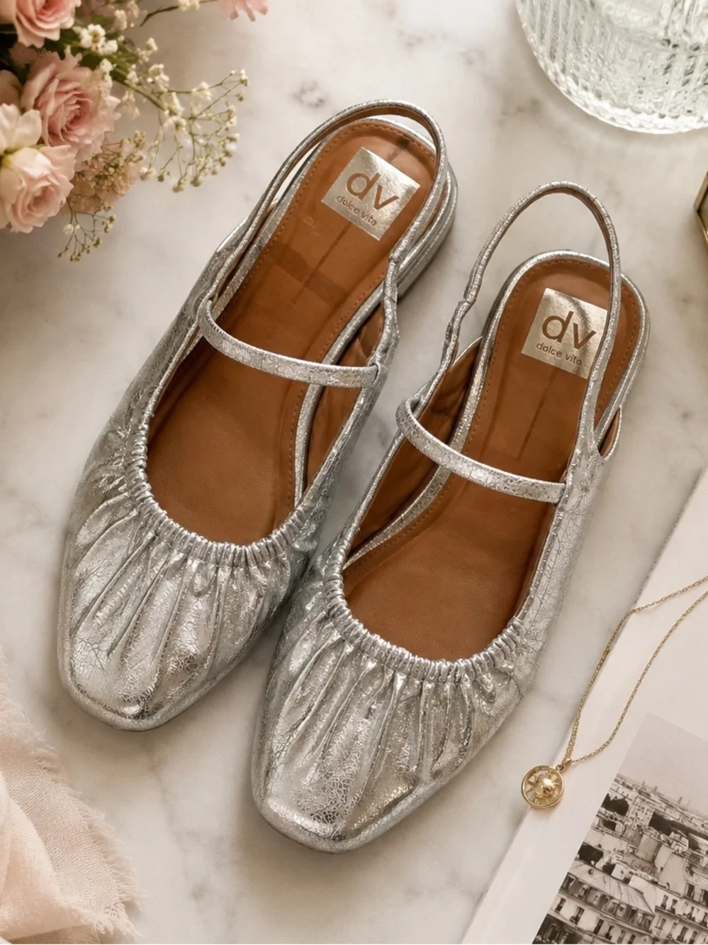 DV by Dolce Vita Silver Metallic Ruched Slingback Ballet Flats Size 11